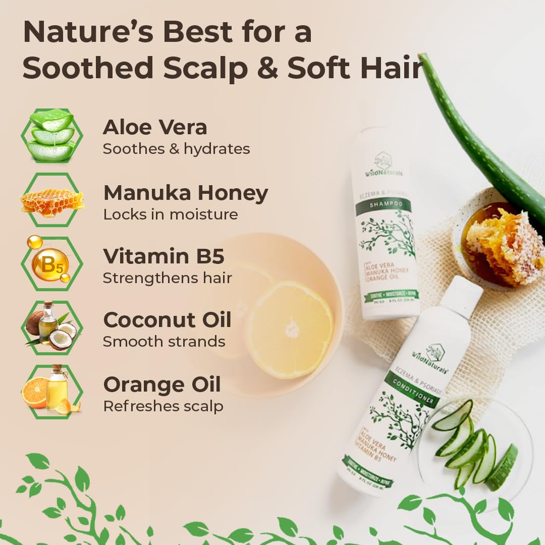 Wild Naturals eczema-psoriasis conditioner bottle, nourished hair with hydration for softer strands.