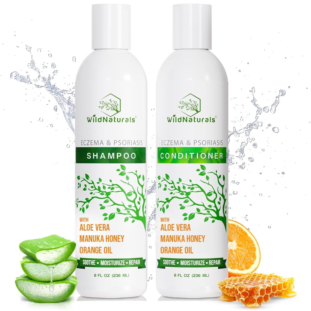 Wild Naturals eczema-psoriasis shampoo bottle, soothing scalp relief and gentle cleanse for sensitive skin.