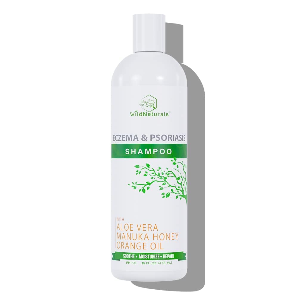 Wild Naturals psoriasis shampoo bottle shows soothing scalp care for sensitive skin