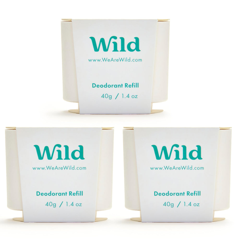 Wild refillable deodorant pack front view highlighting Fresh Cotton & Sea Salt scent for daily freshness