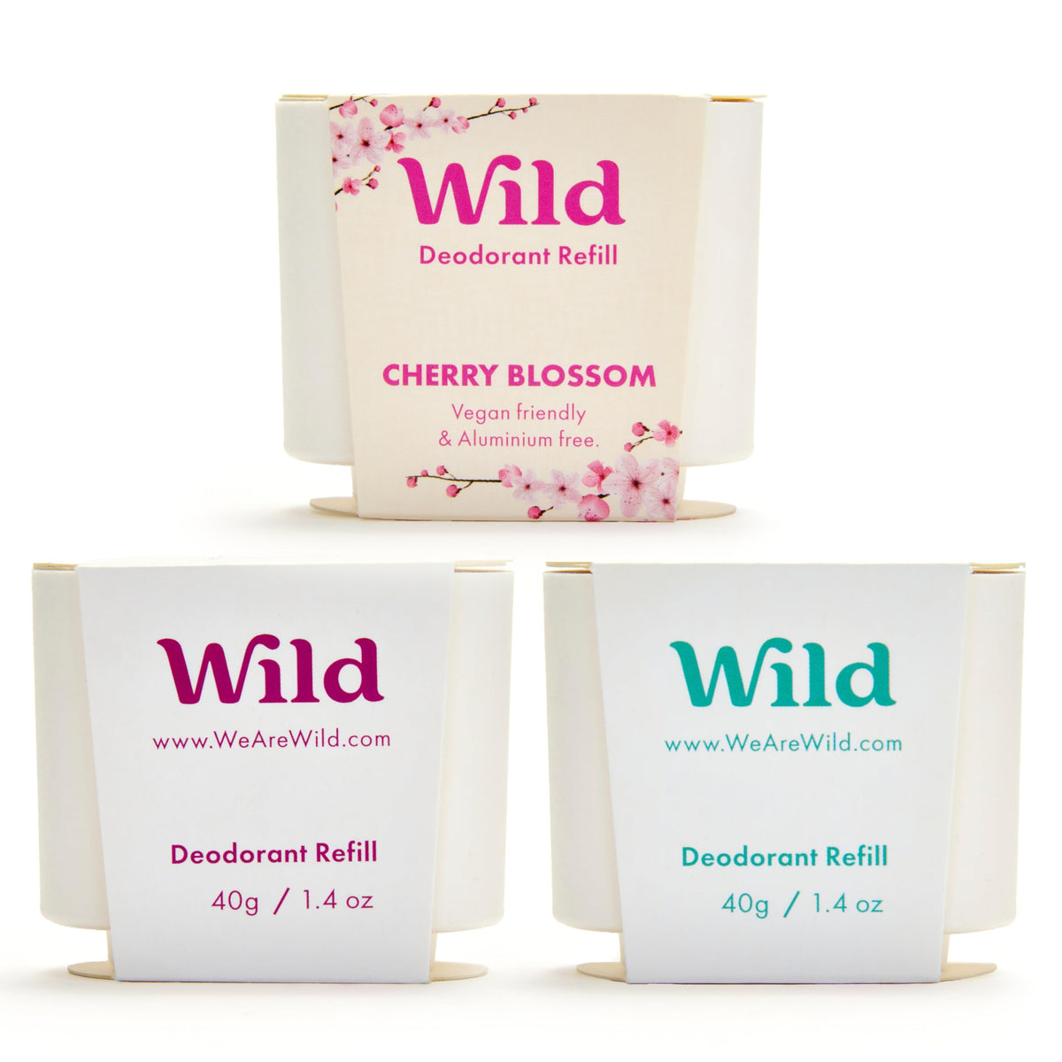 Wild refillable deodorant pack front view emphasizes sustainable design and usability.