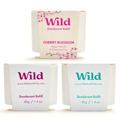 Wild refillable deodorant pack front view emphasizes sustainable design and usability.