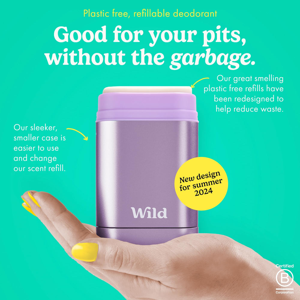 Wild refillable deodorant in purple case demonstrates sustainable packaging and easy refills