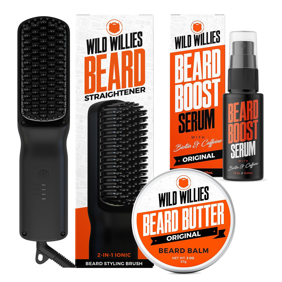 Wild Willies Beard Care Kit heated straightener demonstrates daily frizz-free beard styling