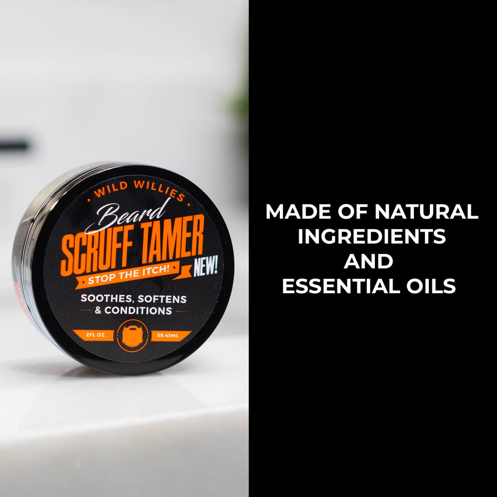 Wild Willies beard cream in hand ready for quick grooming routine.