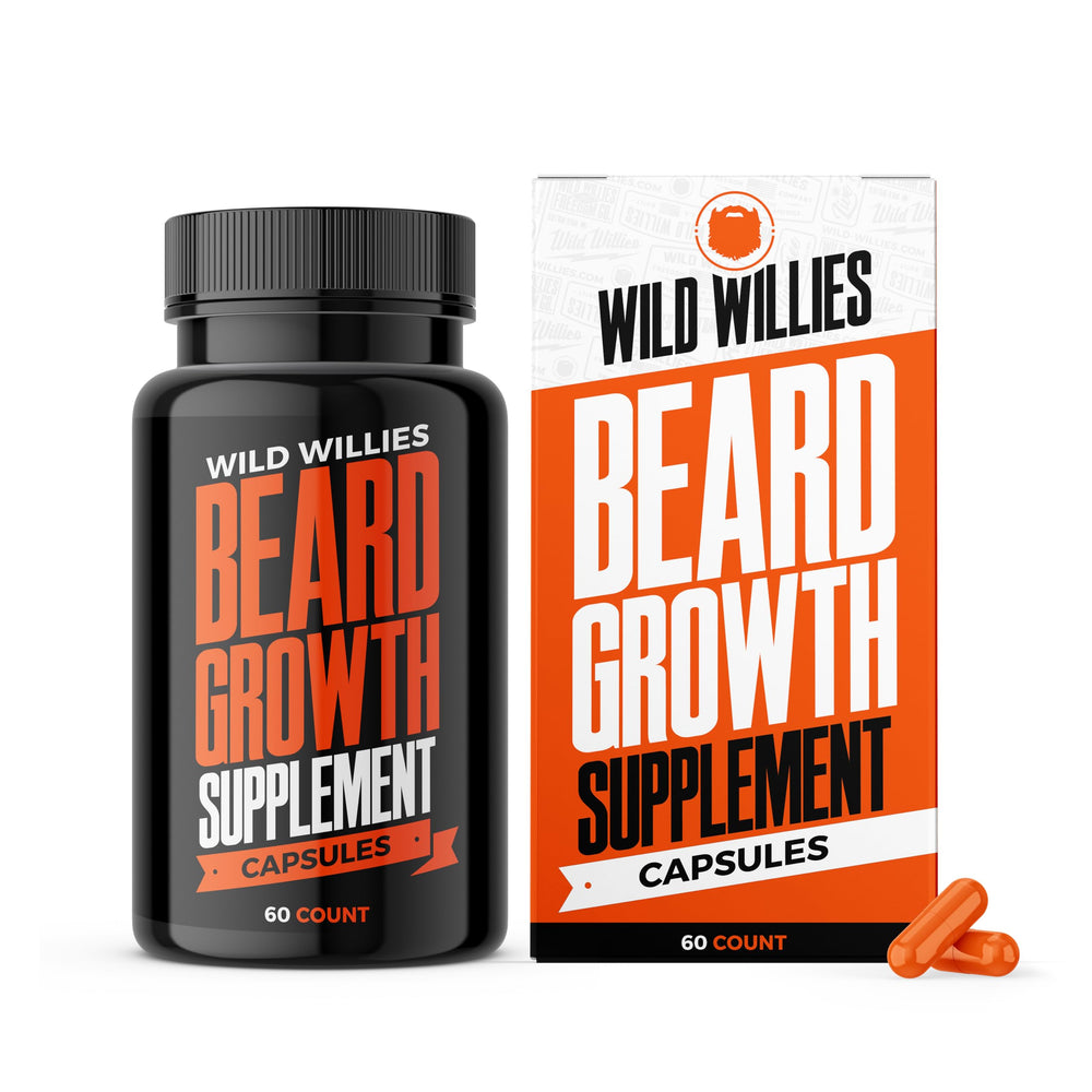 Wild Willies beard growth vitamins bottle showcases daily support for fuller beard potential.