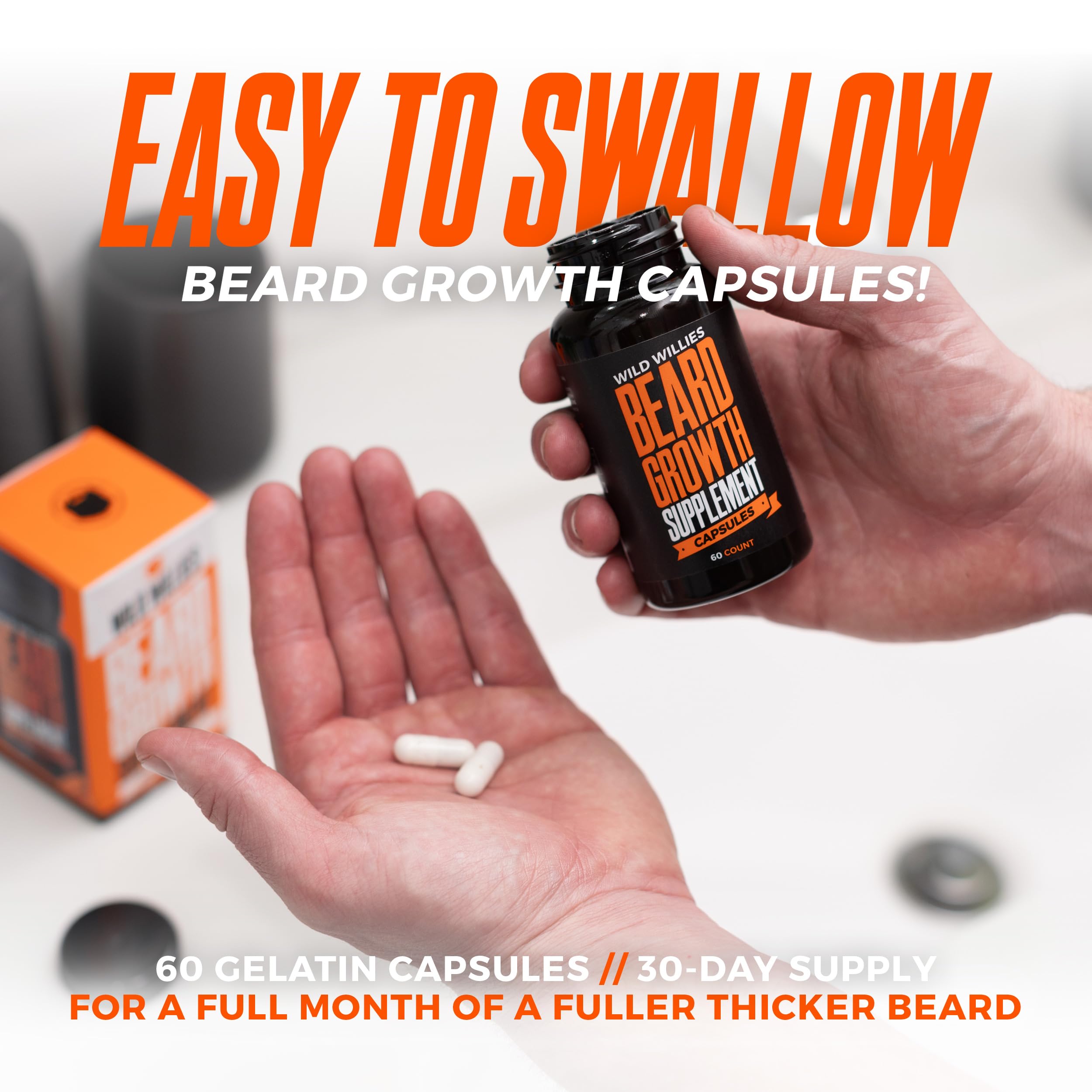 Wild Willies beard growth vitamins capsules closeup highlights two-capsule daily regimen for growth support.
