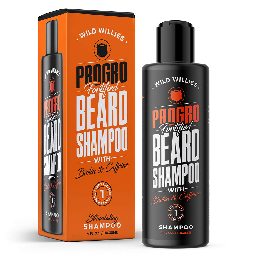 Wild Willies beard shampoo bottle highlights biotin and caffeine for a stronger-looking beard
