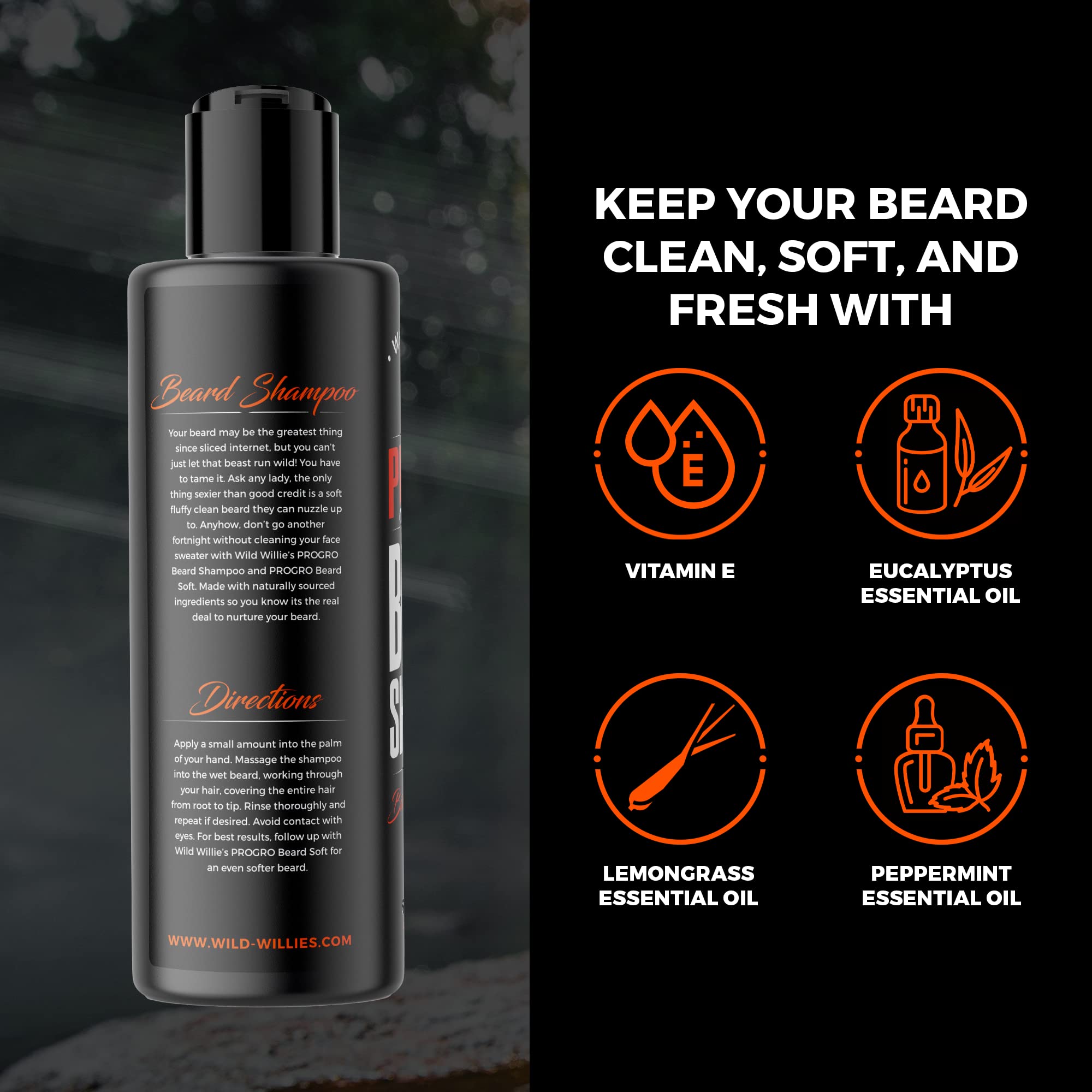 Wild Willies beard-growth shampoo close-up highlights nourishing biotin and caffeine