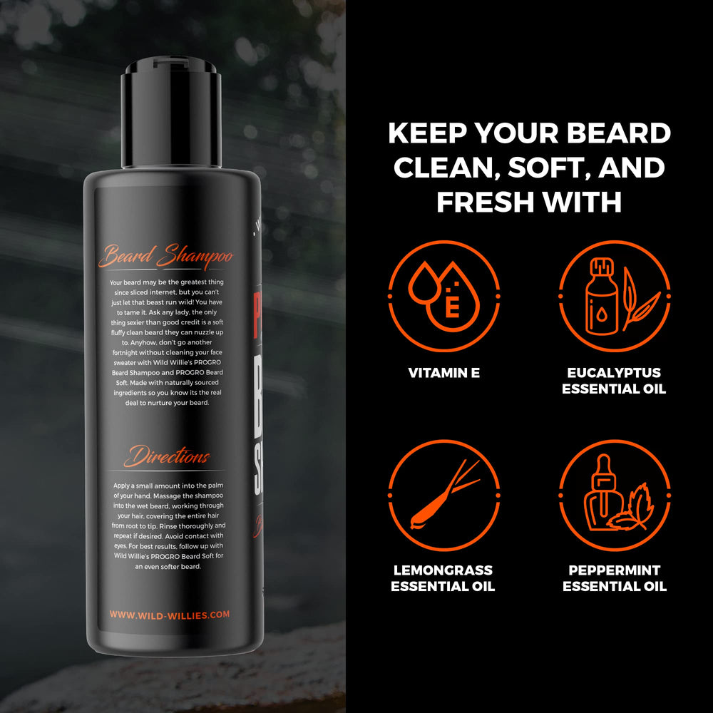 Wild Willies beard-growth shampoo close-up highlights nourishing biotin and caffeine