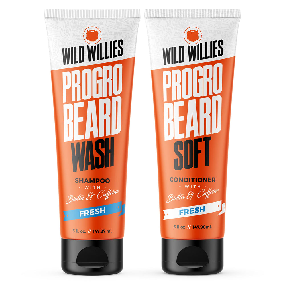 Wild Willies PROGRO beard shampoo bottle being poured for a refreshing, flake-free beard cleanse.
