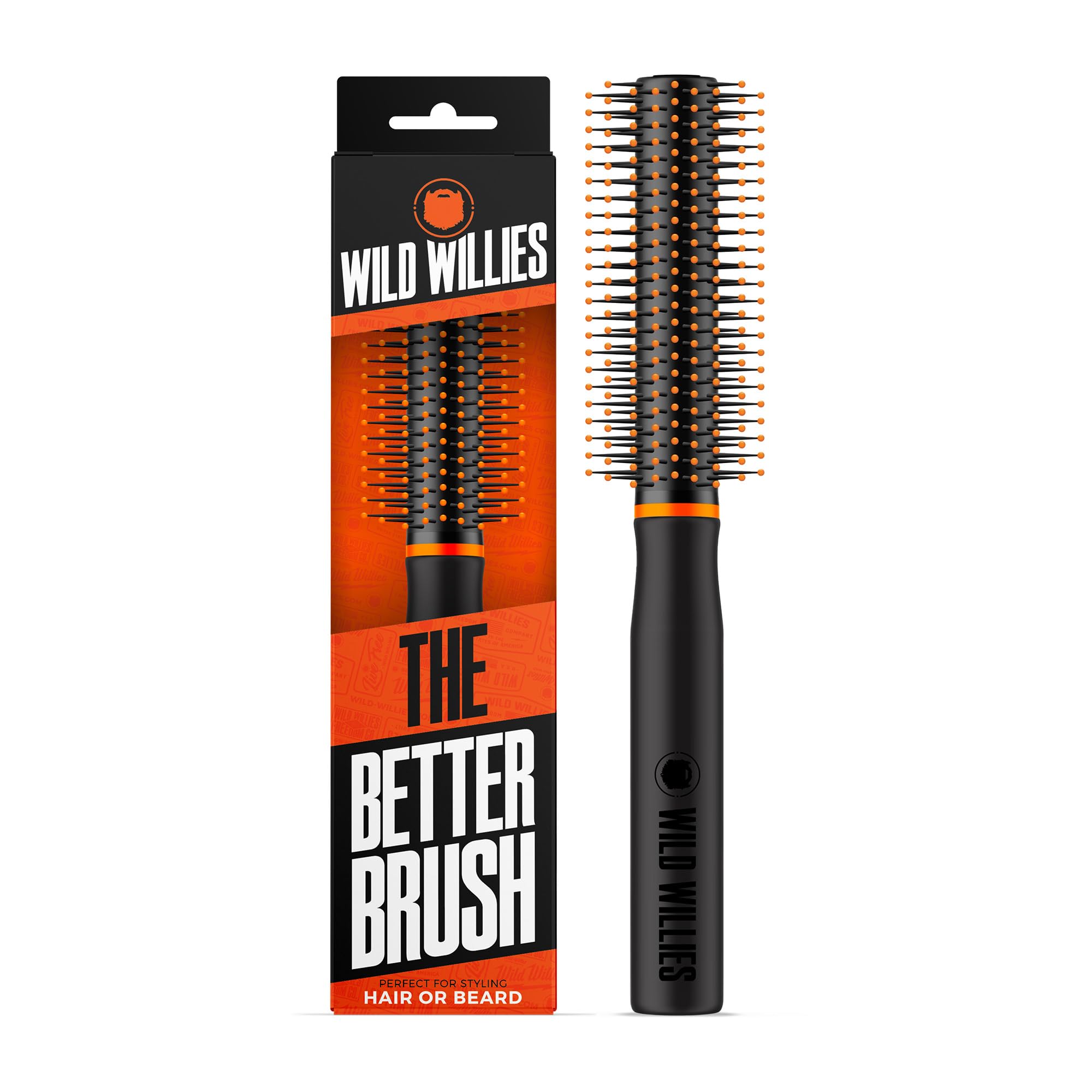 Wild Willies Round Beard Brush with handle offers secure grip for precise grooming.