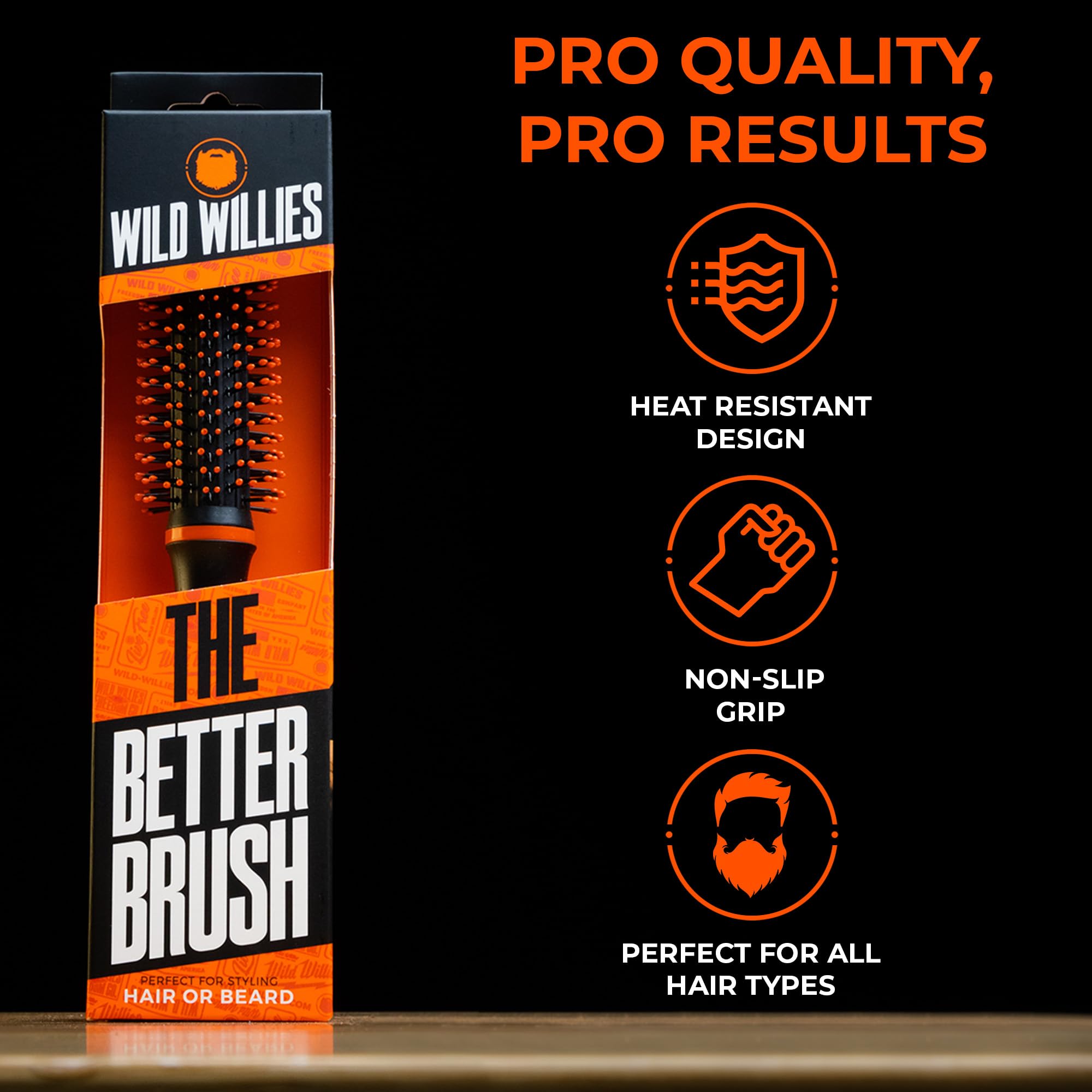 Wild Willies Round Beard Brush non-slip grip ensures control during grooming sessions.