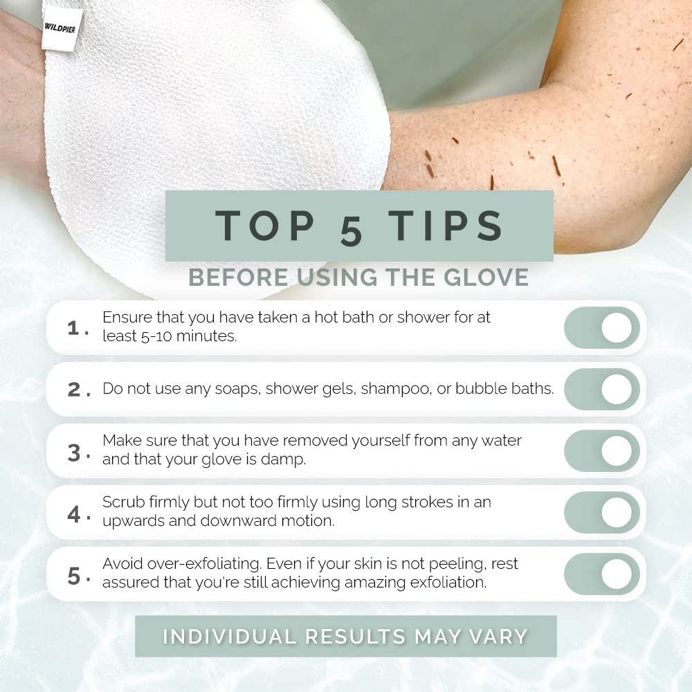 Wildpier glove white bath-shower-scene shows spa-like exfoliation you can enjoy at home.