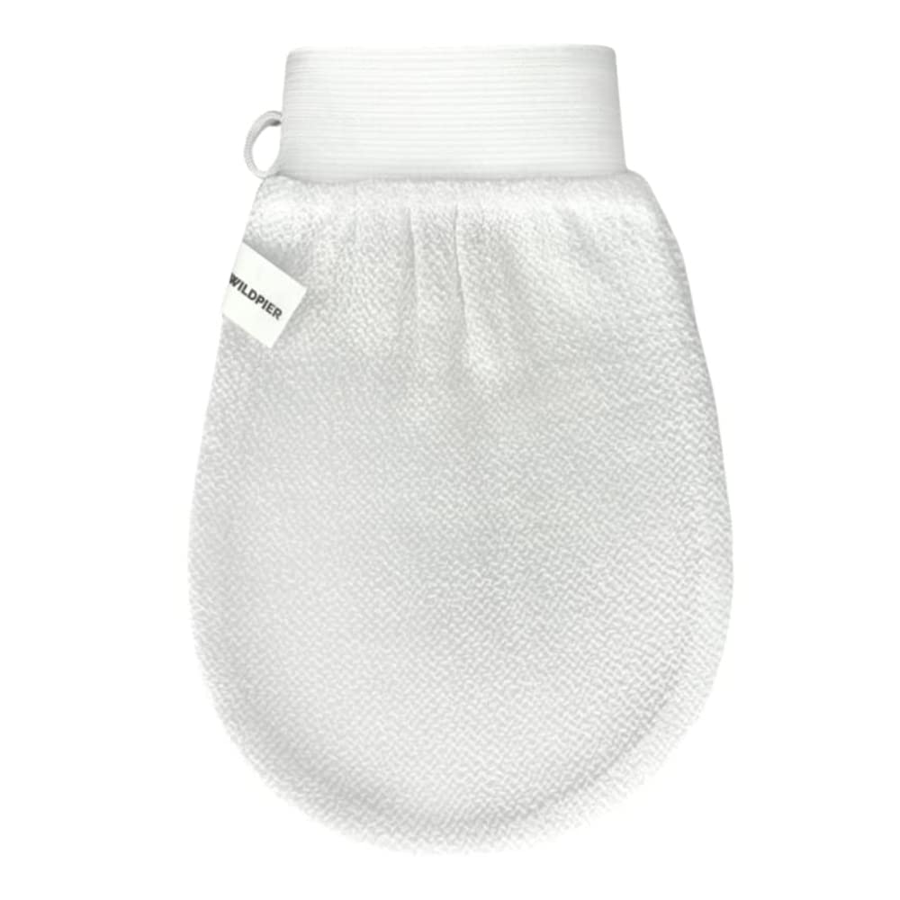 Wildpier glove white front view highlights textured fabric for gentle yet effective exfoliation.