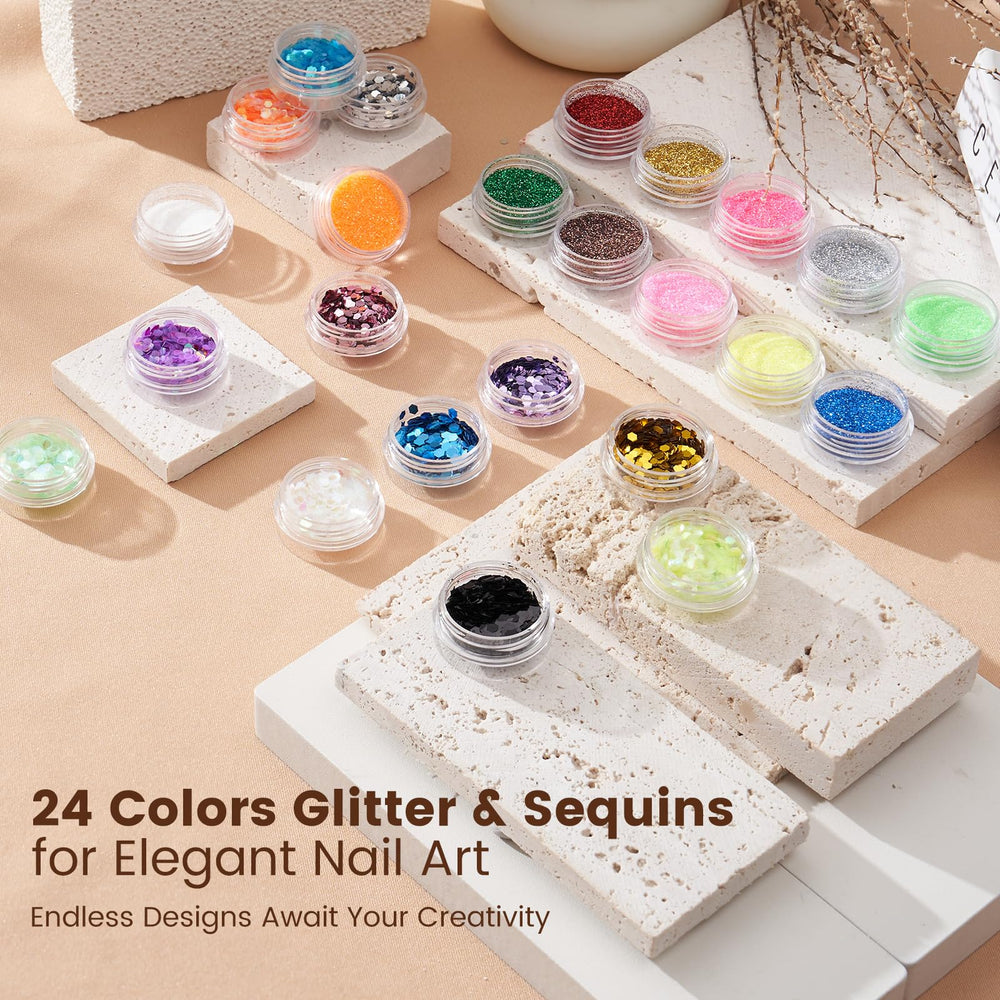Wilfniee-24glitter-sequin-palette adds vibrant pigments for decorative nail art.