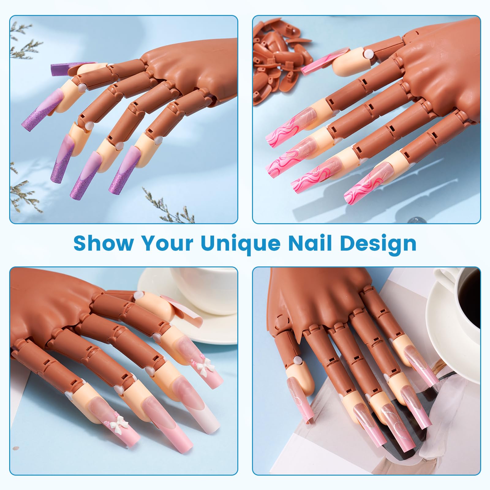 Wilfniee flexible fingers showing natural joint movement for realistic nail art
