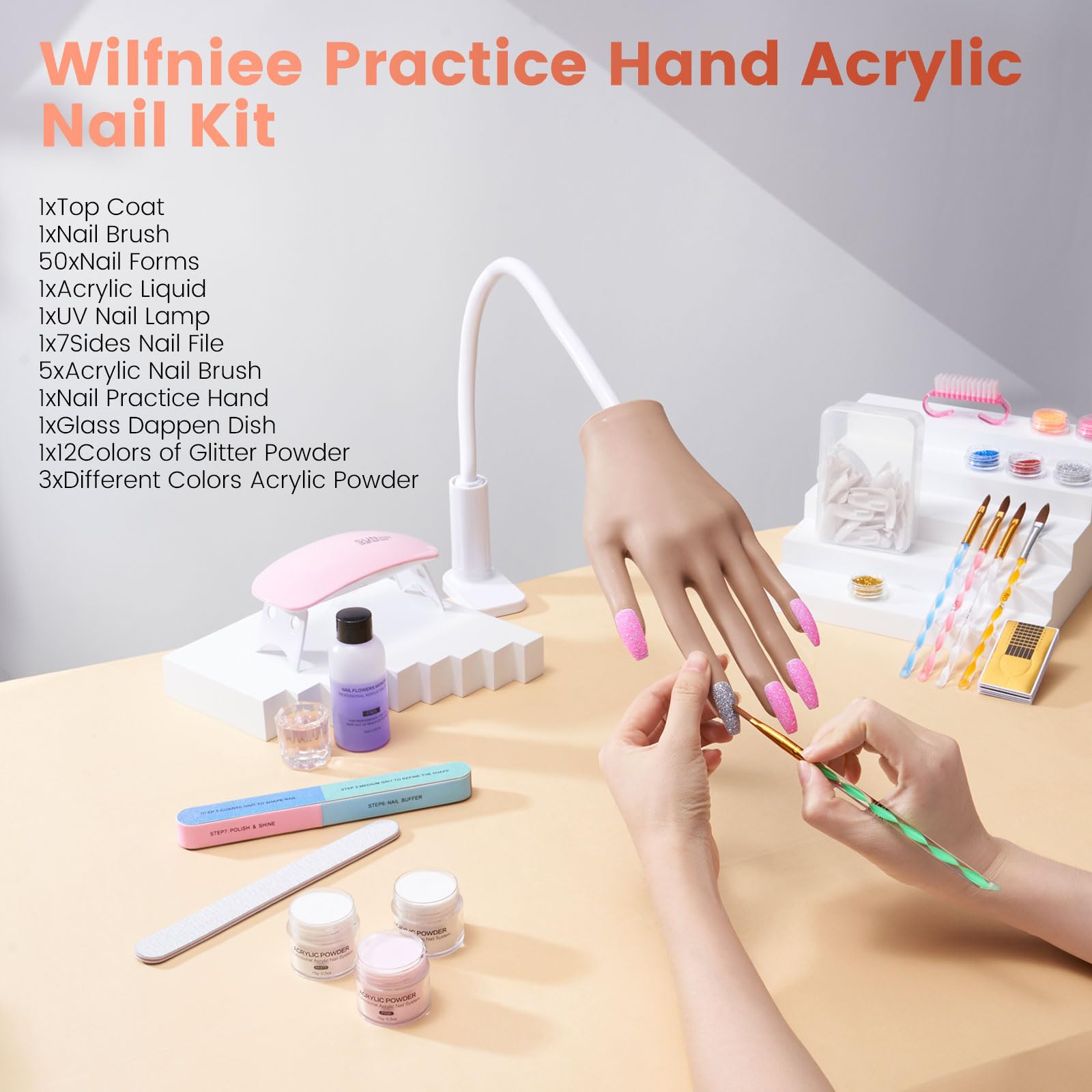 Wilfniee practice hand kit with glitter powders for nail art practice