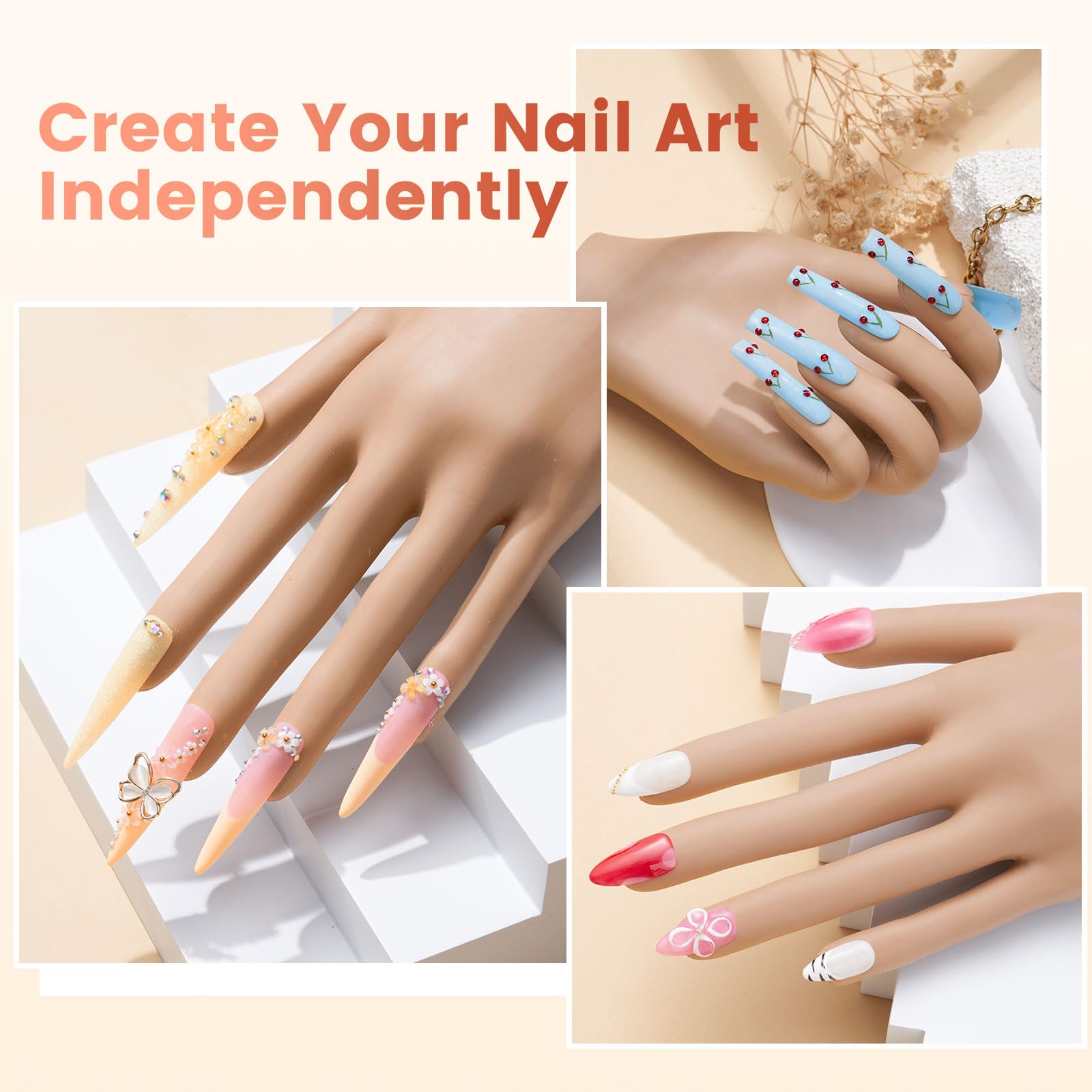 Wilfniee Practice Hand nail-tips-locked shows secure tips during high-speed drill practice.
