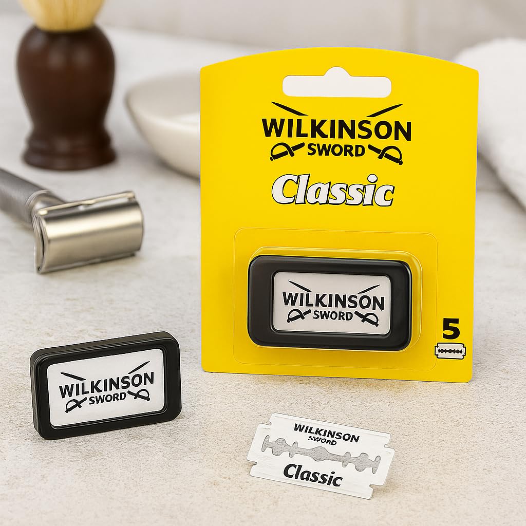 Wilkinson Sword Classic double-edge blades closeup — triple-coated German steel for lasting sharpness