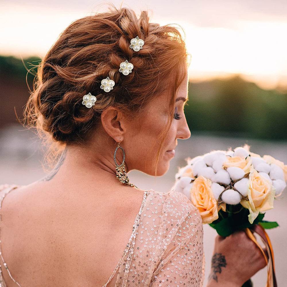 WILLBOND rose gold wedding pearl hair pin closeup beads show rhinestone detail