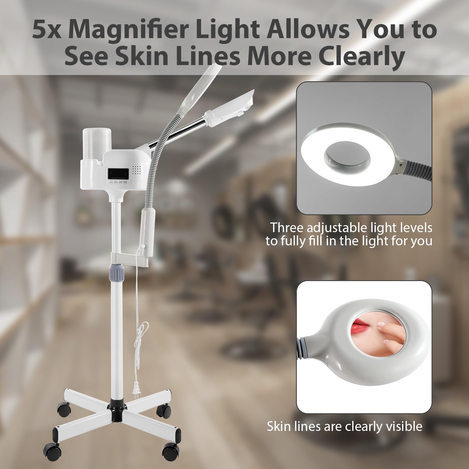 WINEDYOUNG facial steamer on adjustable stand enabling versatile height positioning.