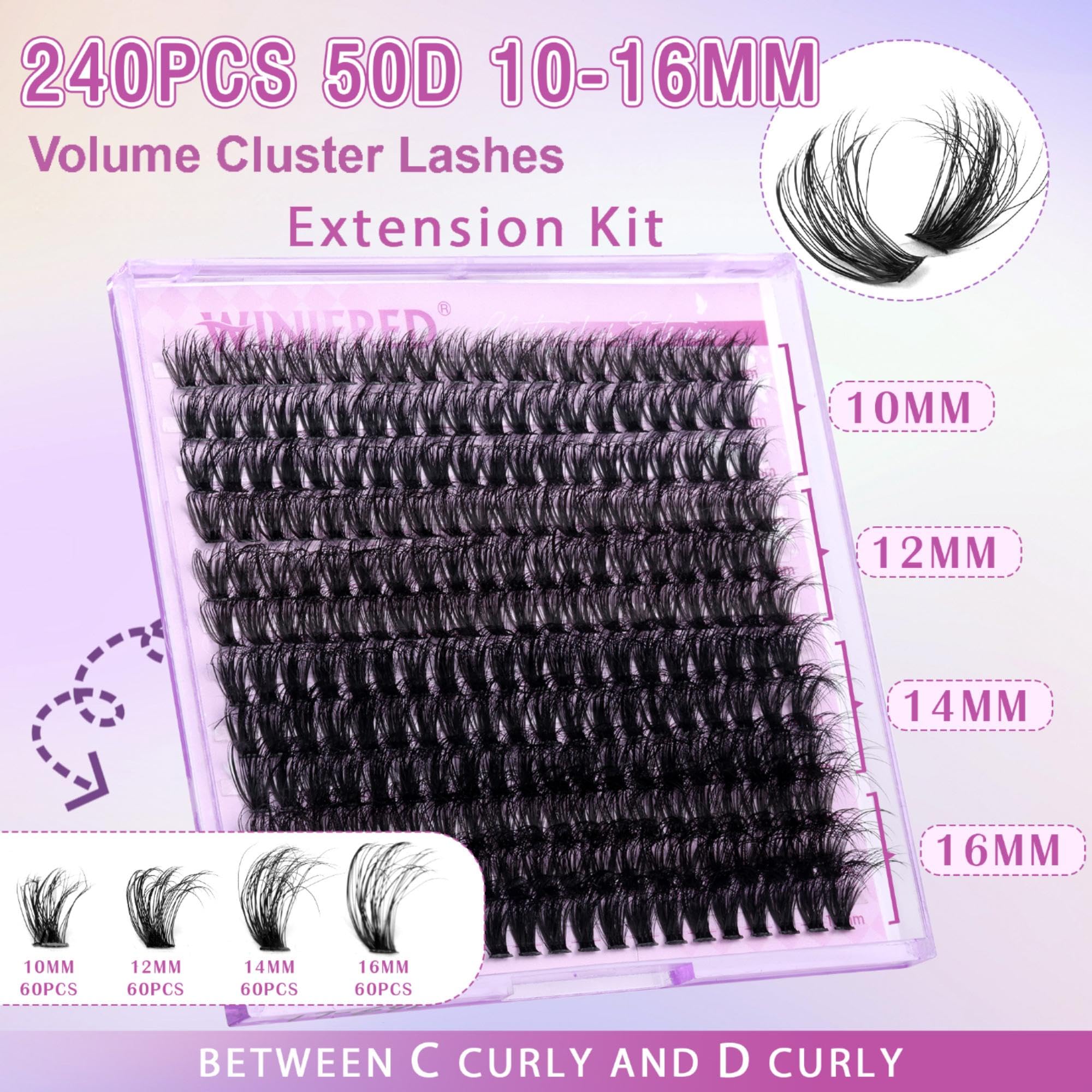 Winifred 50D lash clusters 10mm-16mm close-up highlights fluffy, wispy volume options.