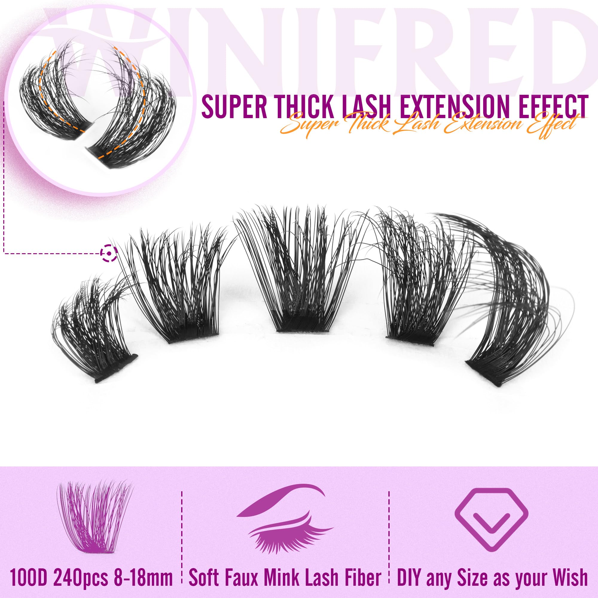 Winifred lashes extension kit 14mm clusters for bold cat-eye effects with precise placement.