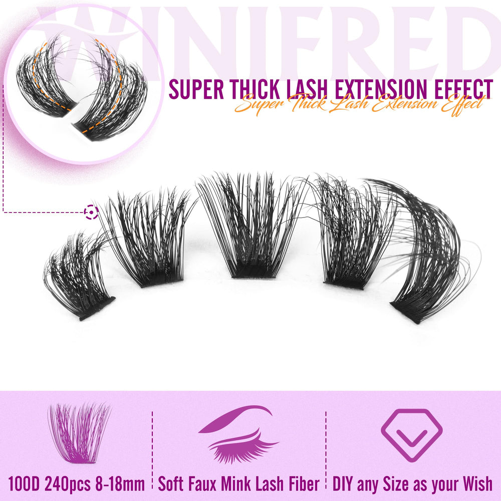 Winifred lashes extension kit 14mm clusters for bold cat-eye effects with precise placement.