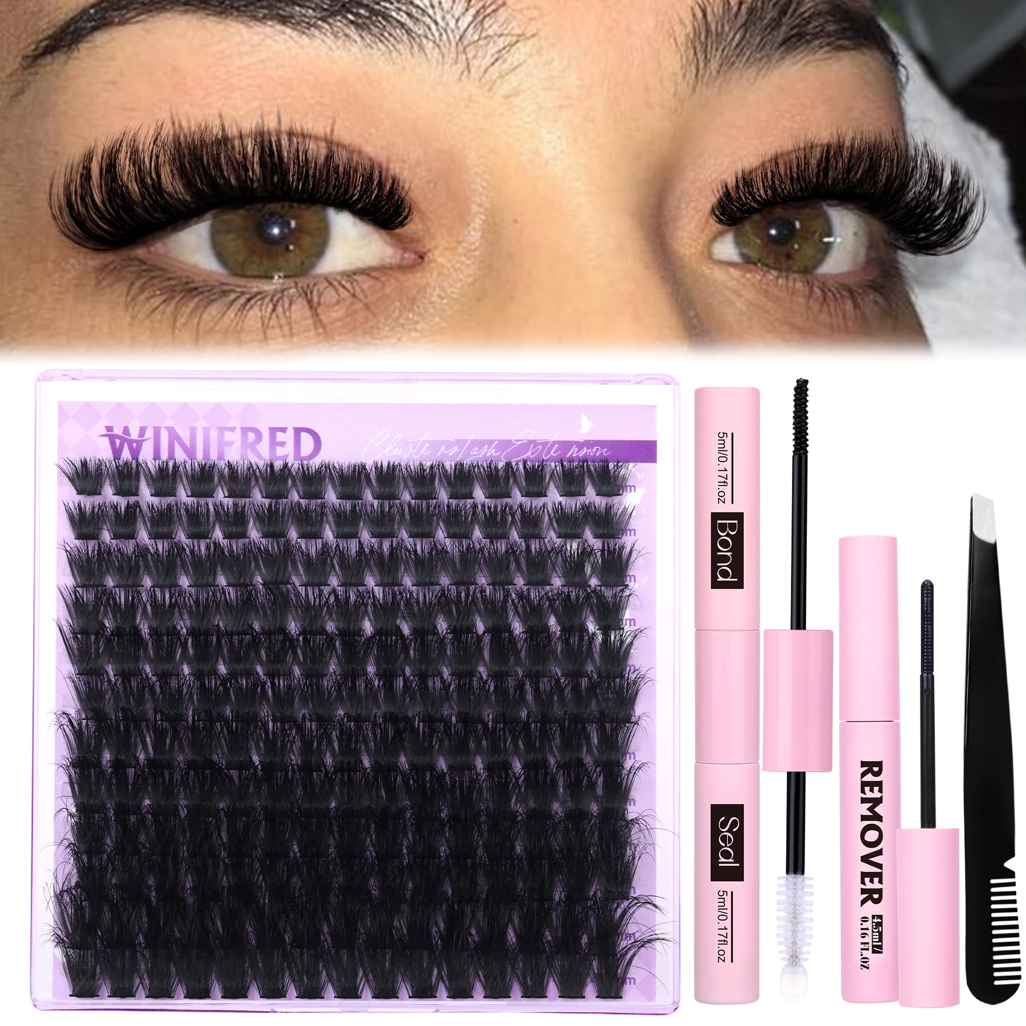 Winifred lashes extension kit bundle shot showing bond, seal, remover and tweezers for a complete at-home kit.