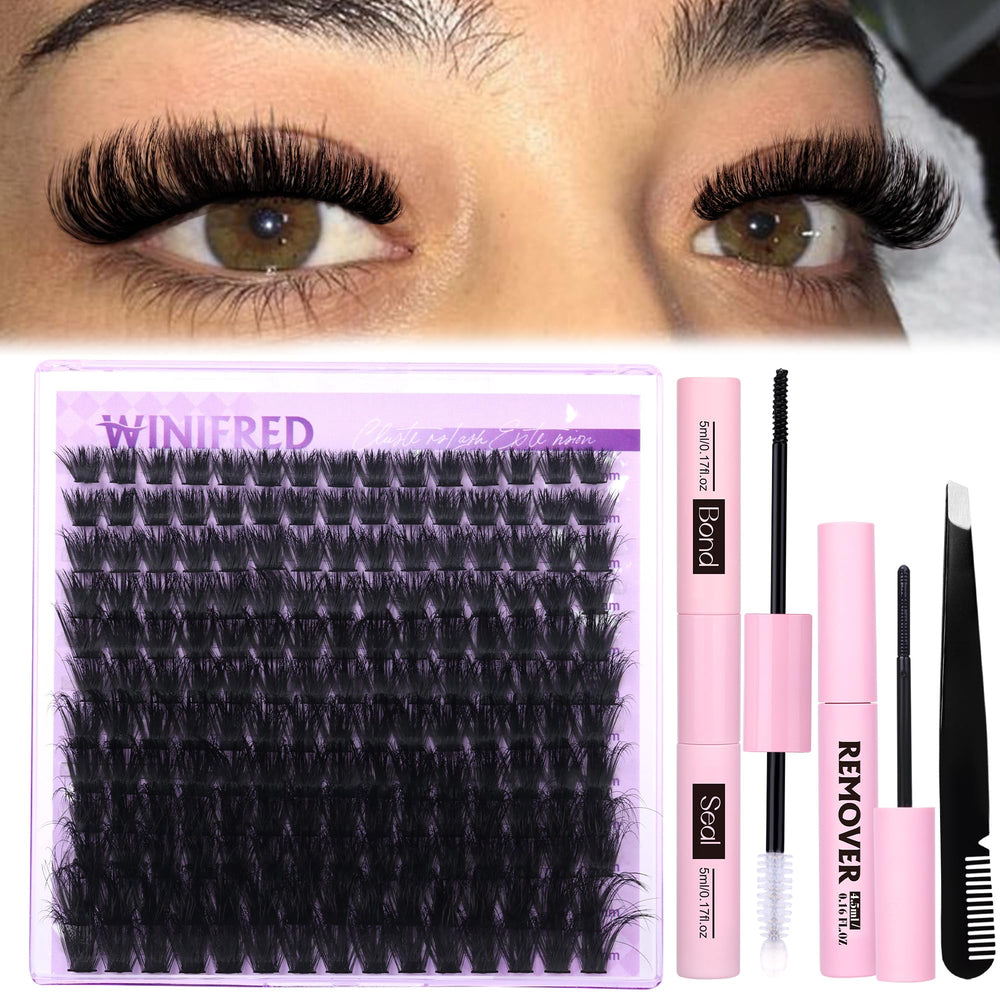 Winifred lashes extension kit bundle shot showing bond, seal, remover and tweezers for a complete at-home kit.