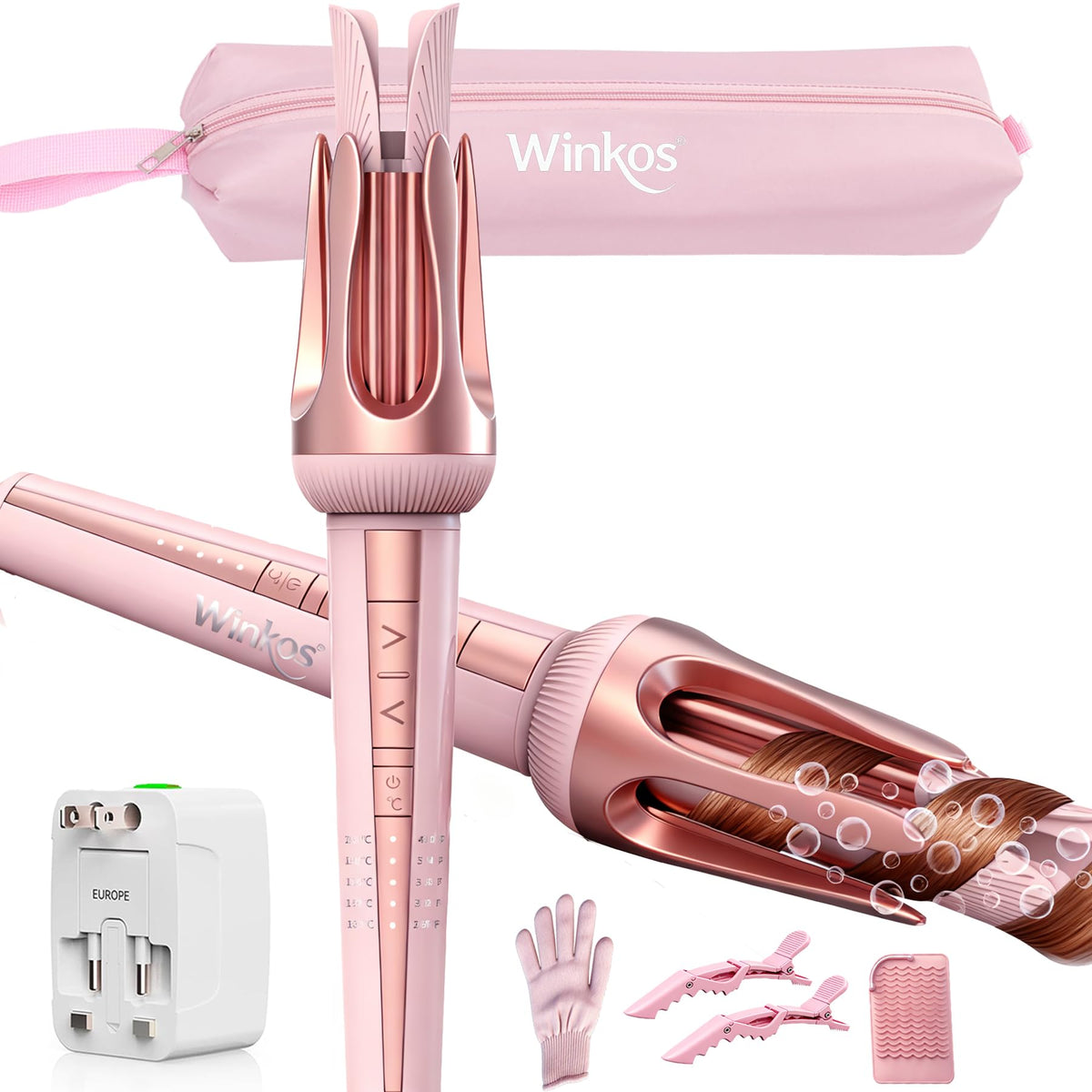 Winkos automatic curling iron 1-1/4 inch barrel delivering smooth salon curls