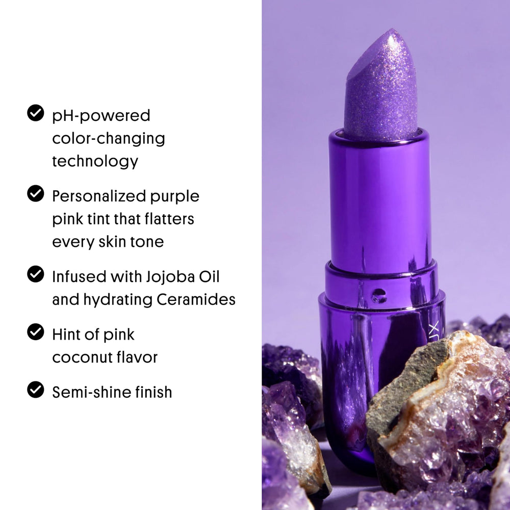 Winky Lux Amethyst Glimmer Balm nourishes with ceramides for hydrated lips.