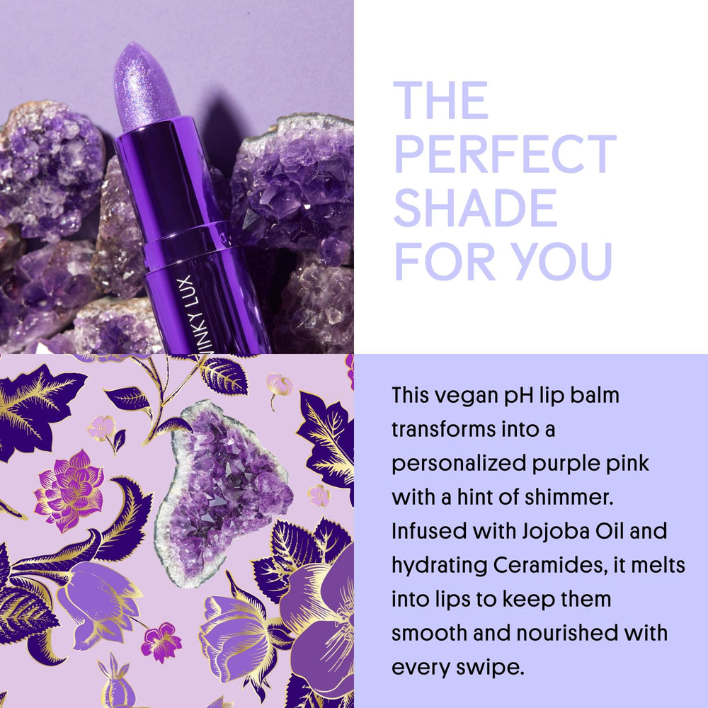Winky Lux Amethyst Glimmer Balm packaging highlights clean beauty and sustainability.