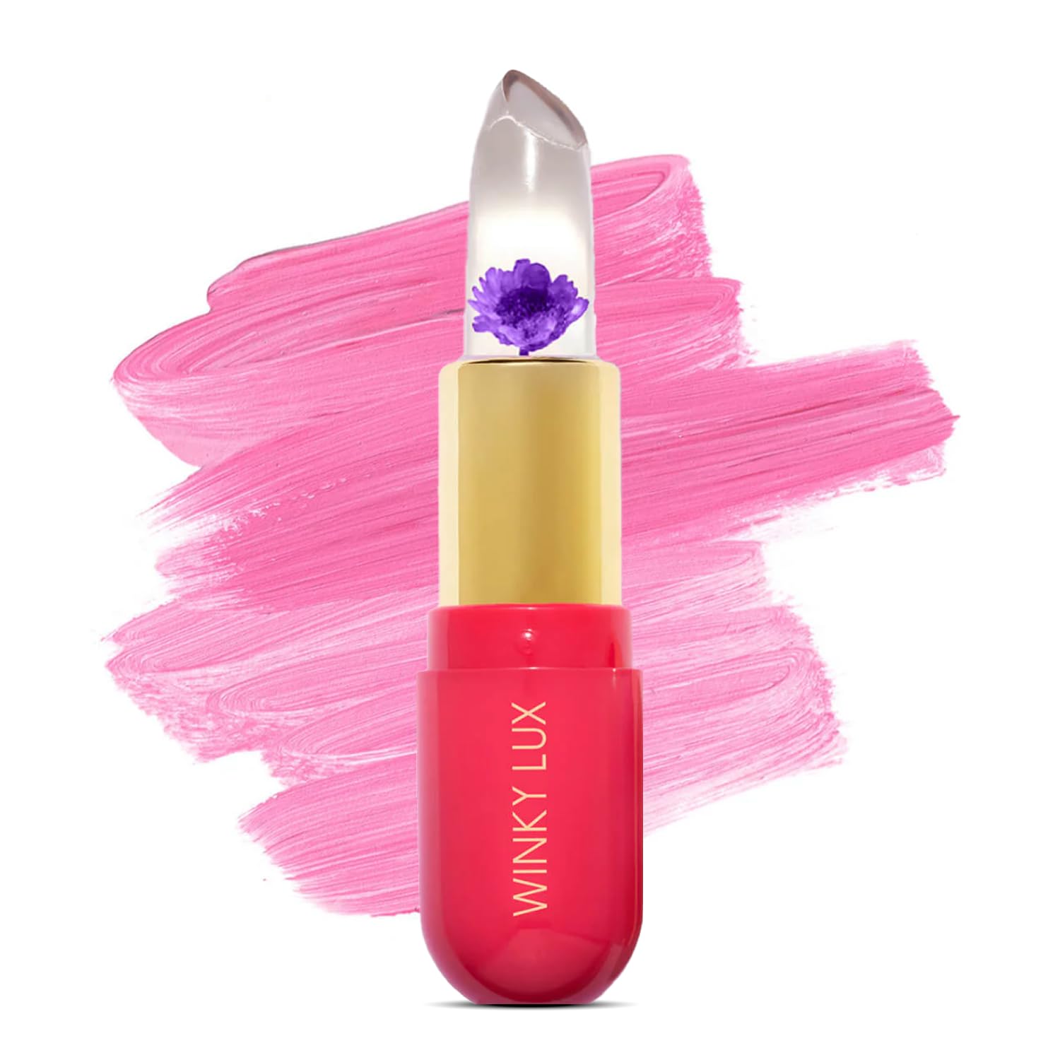 Bálsamo Winky Lux con flor rosa visible, tono personalizado y brillo suave.
