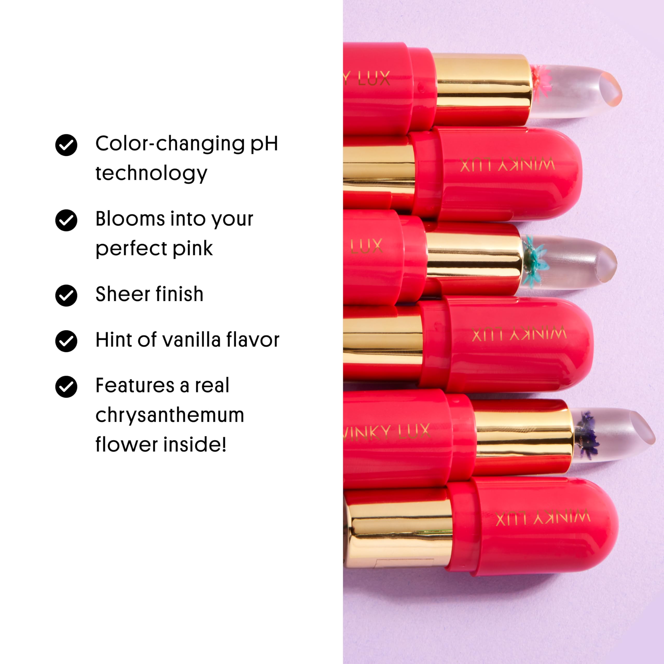 Winky Lux Flower Balm vanilla scent enhances lip routine with a sweet aroma.