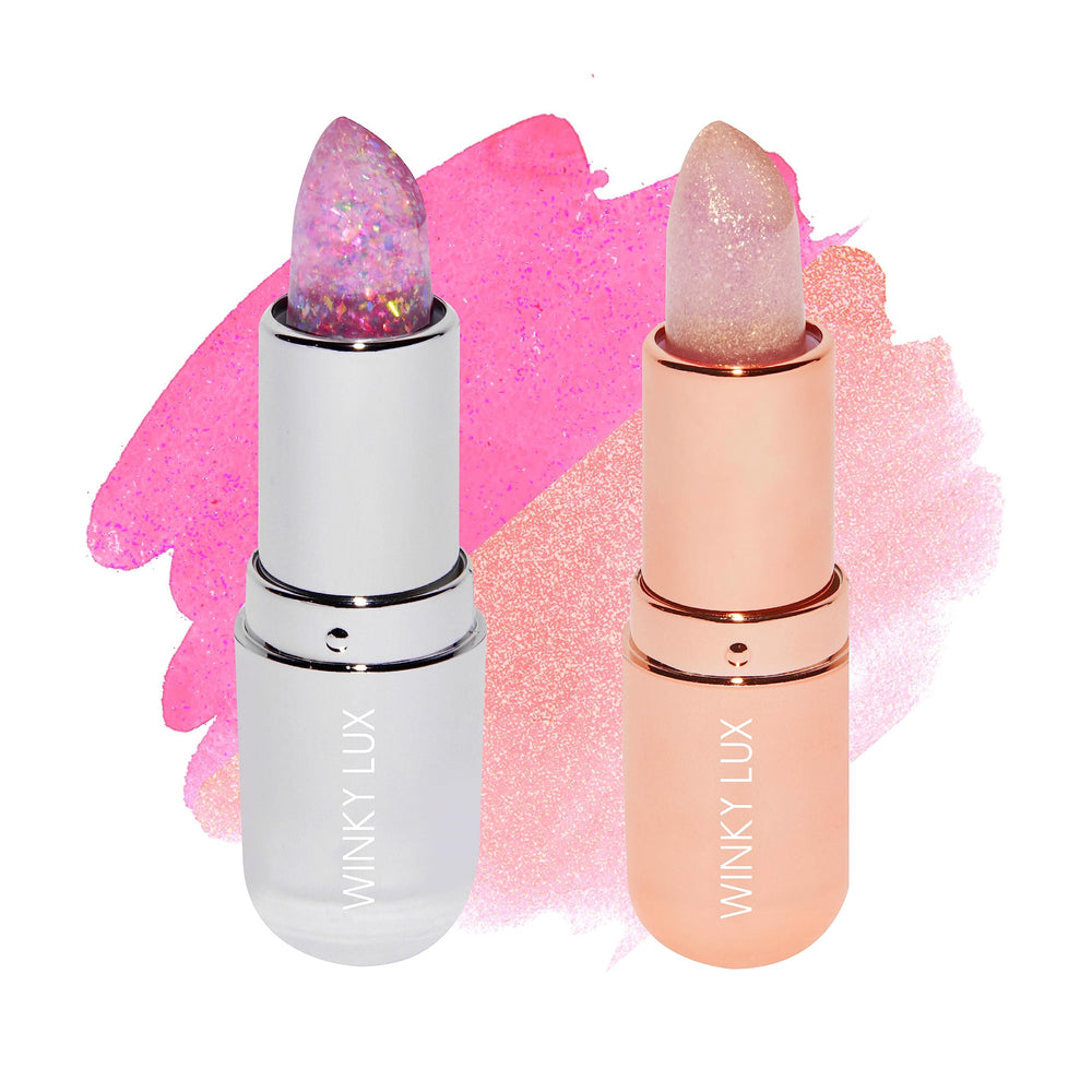 Winky Lux Lavender Glitter Confetti Balm pours a shimmering pink tint on lips.