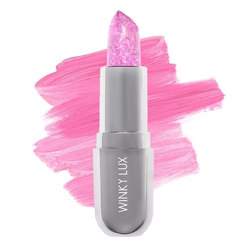 Winky Lux Lavender Glitter Confetti Balm tube showing pink tint and shimmer for daily hydration