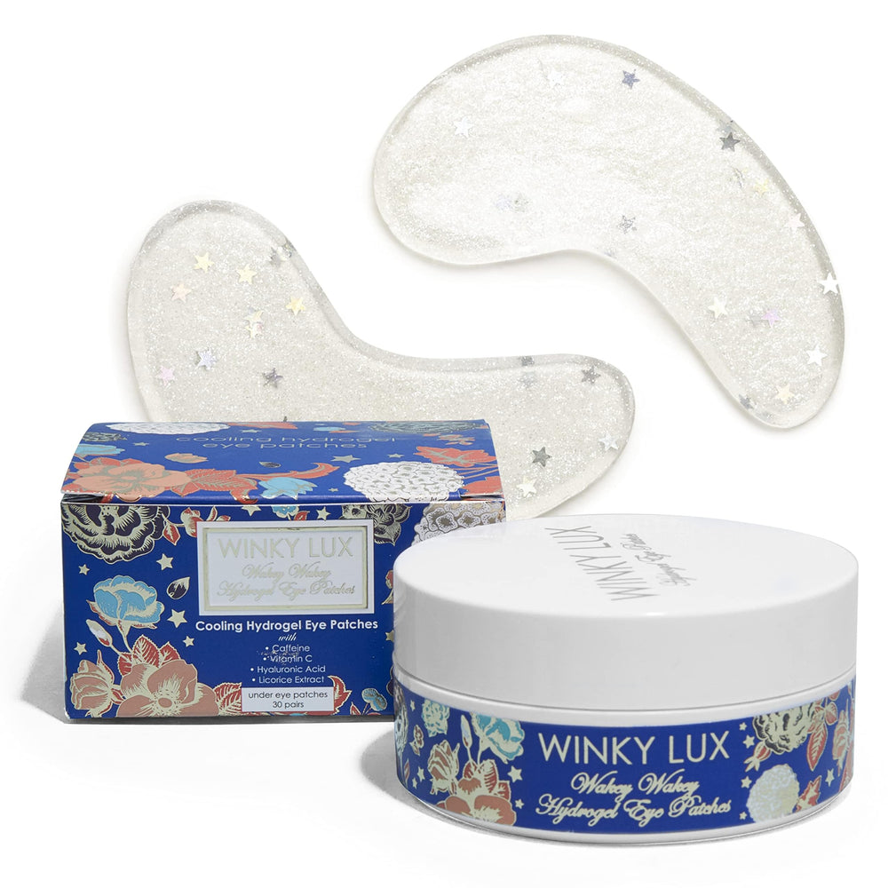 Winky Lux Wakey Wakey patches pack closeup shows hydrating, cooling under-eye care.