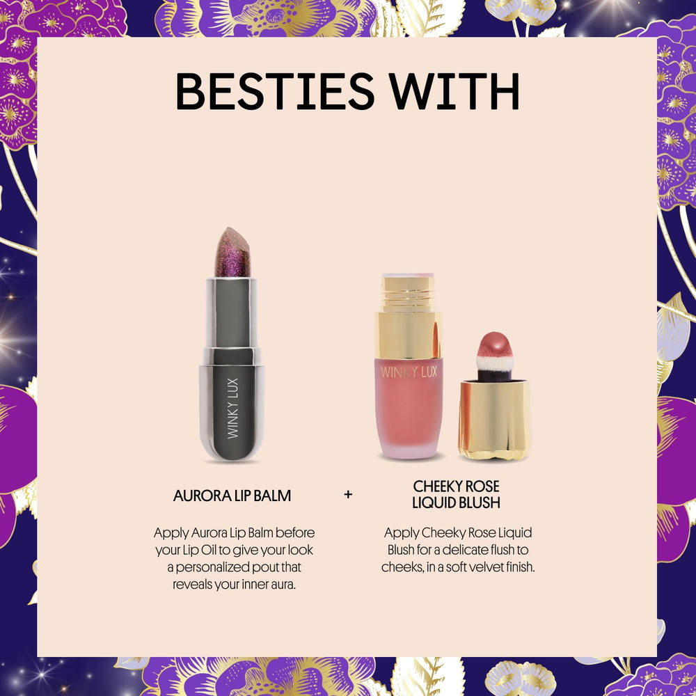 Winky Lux lip oil glow on lips with day-long shimmer