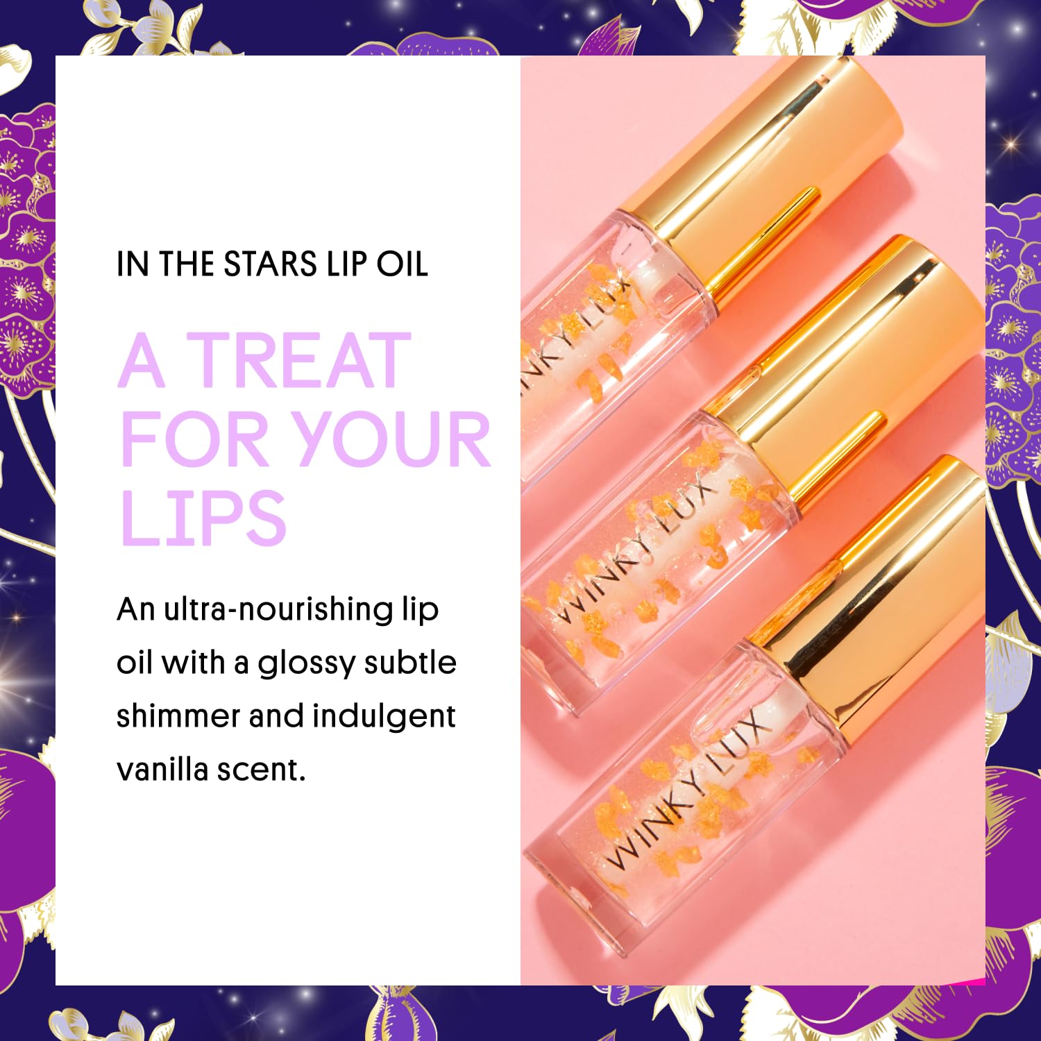 Winky Lux lip oil close-up reveals golden stars within the tube