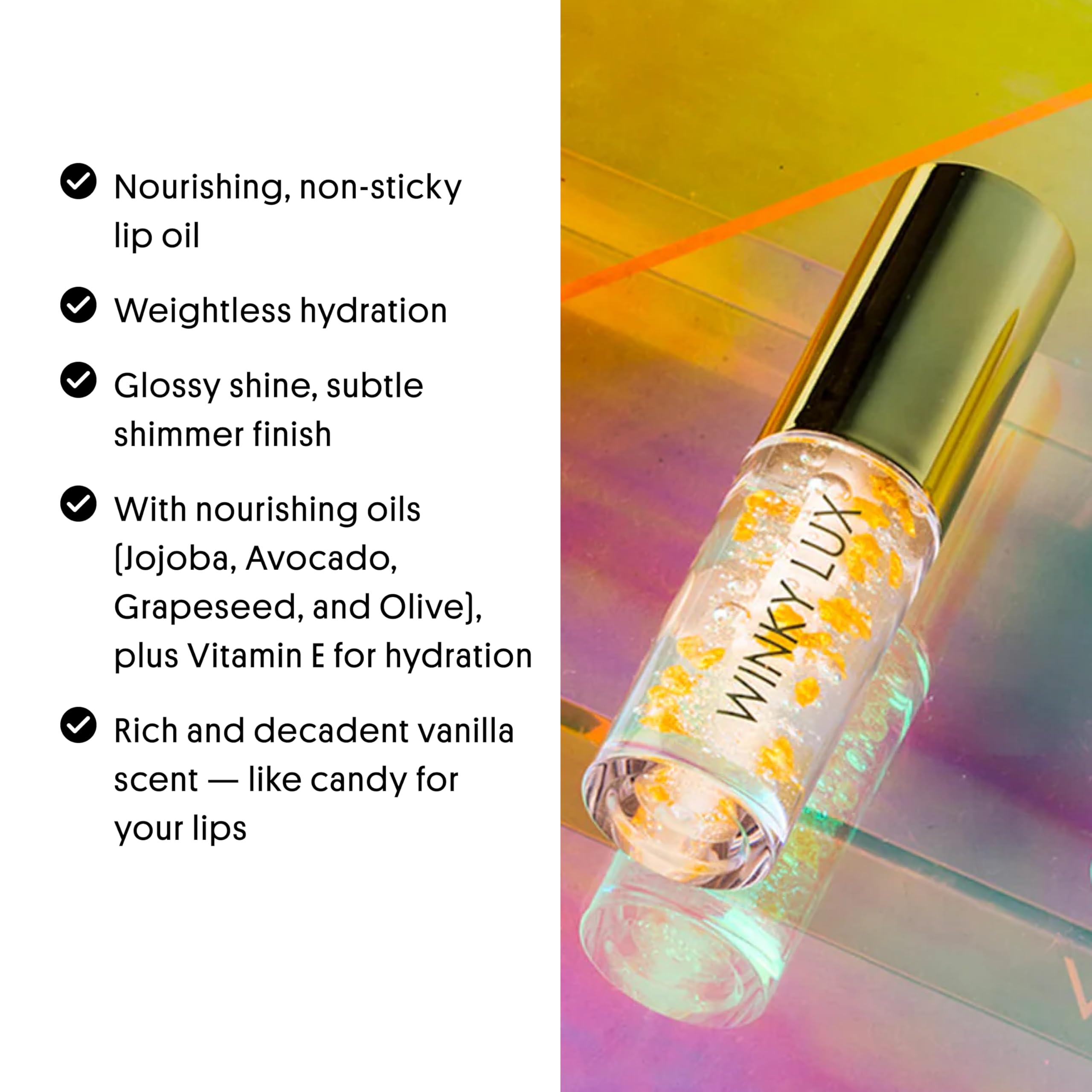 Winky Lux lip oil with nourishing oils delivers moisture and softness