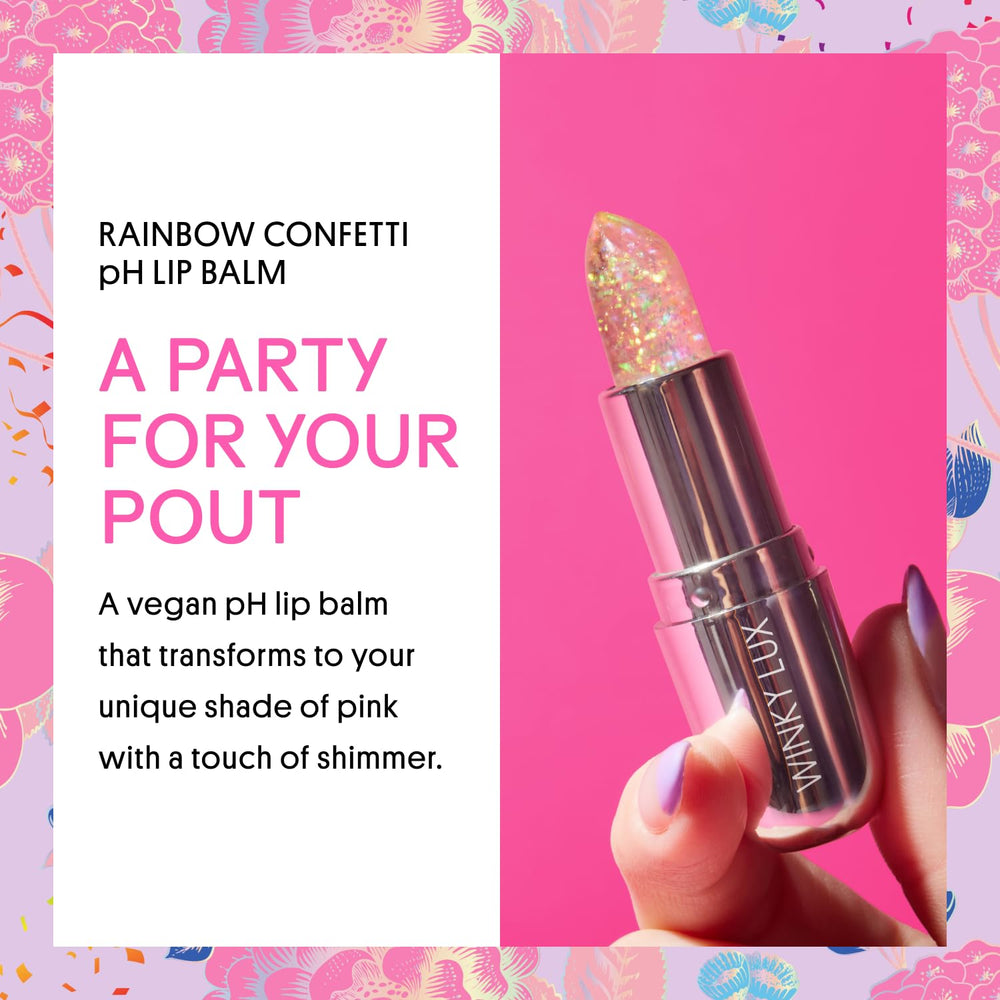 Winky Lux Rainbow Glitter Confetti Balm packaging highlights clean beauty commitments