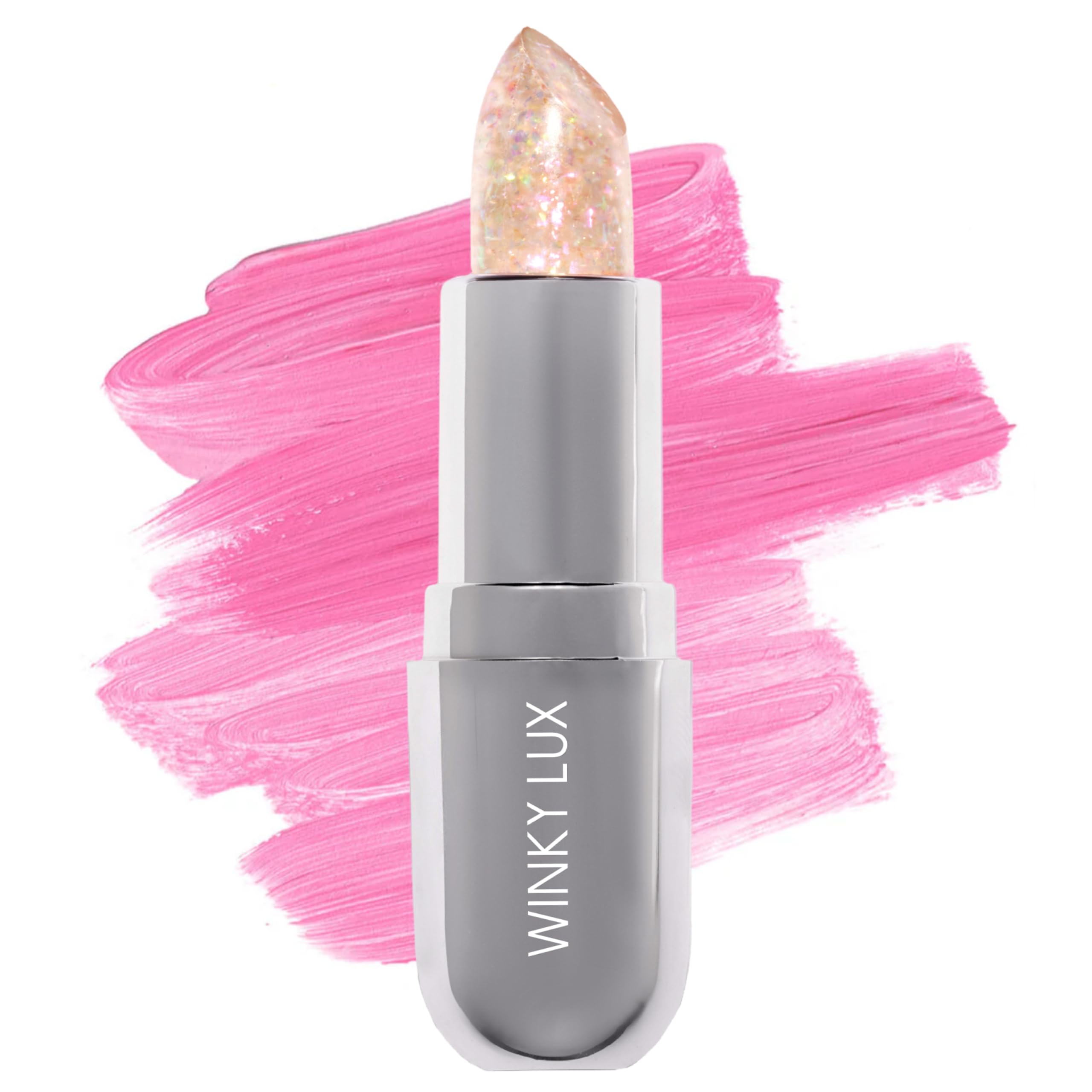 Winky Lux Rainbow Glitter Confetti Balm tube shows sleek packaging with color-changing pink tint
