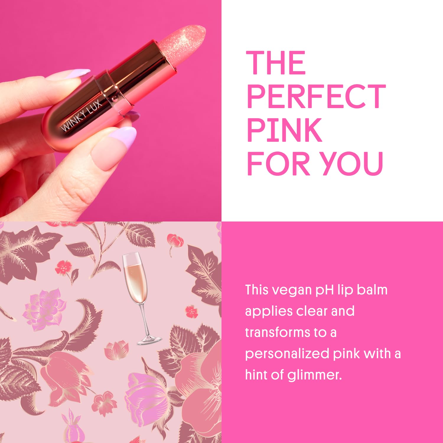 Winky Lux Rosé Glimmer Balm application swatch reveals personalized pink shade and shine.