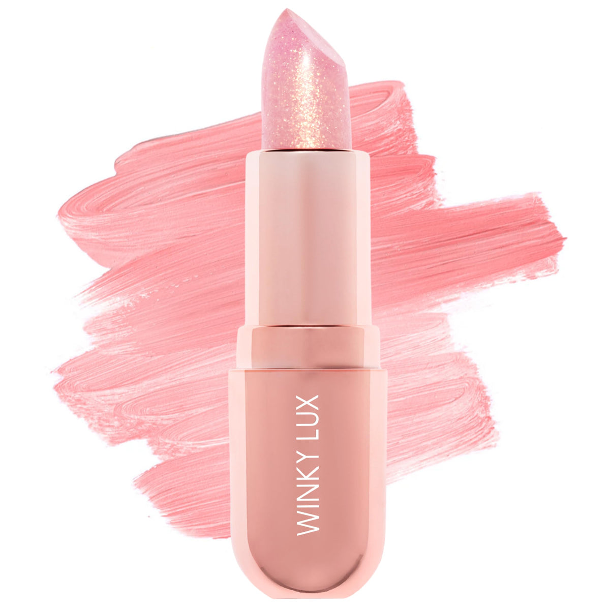 Winky Lux Rosé Glimmer Balm packaging on display showing clean, playful branding.