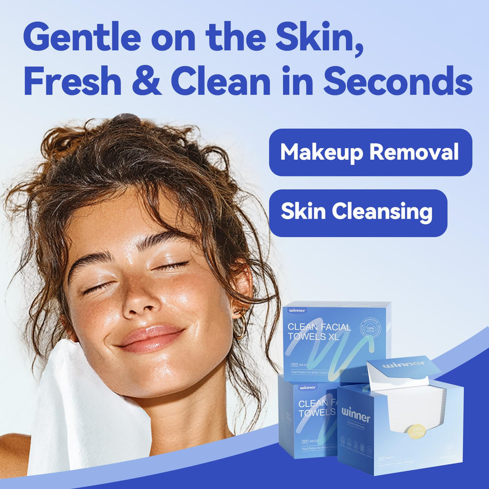Winner Face Towels biodegradable-material closeup suggests eco-friendly disposal.