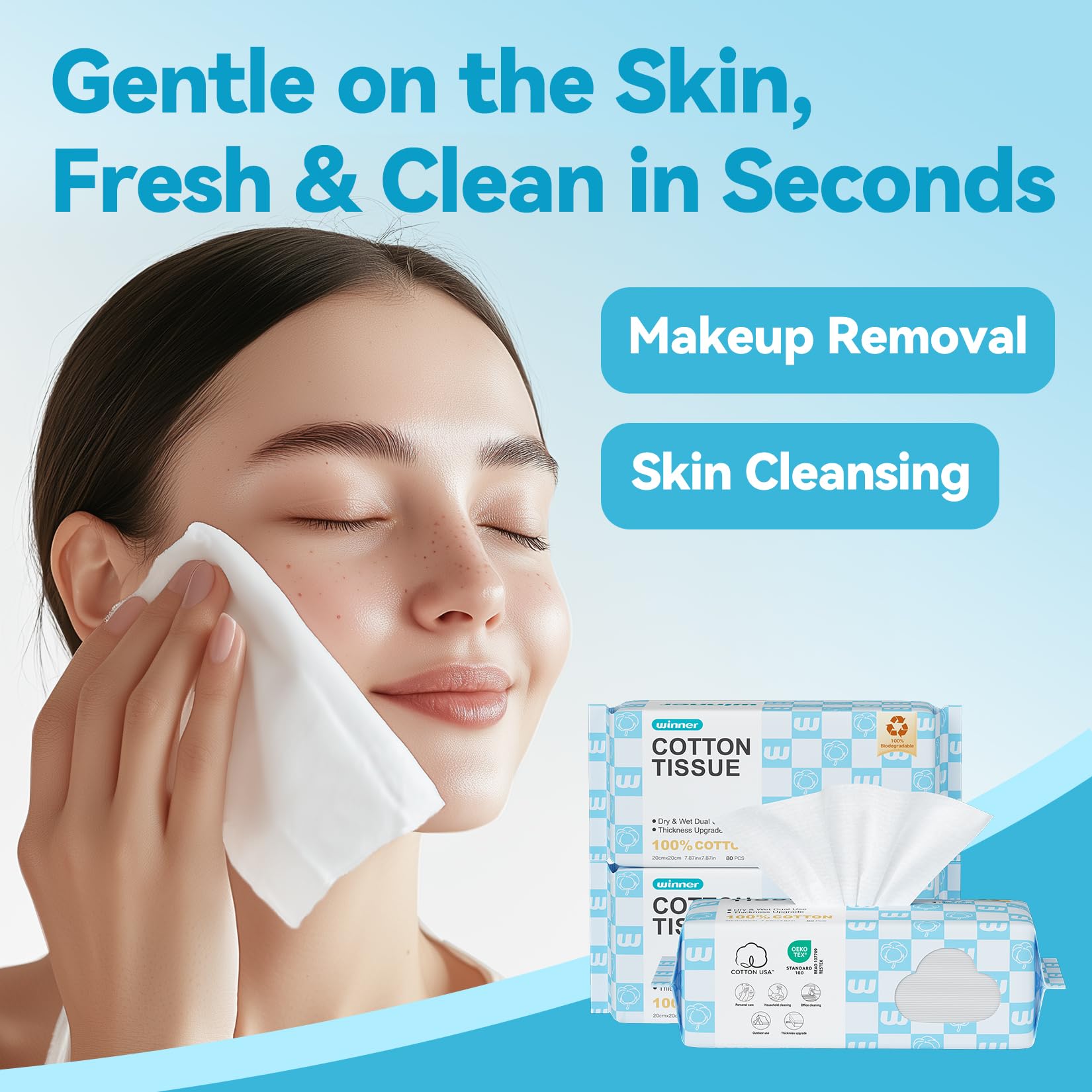 Winner Face Towels smooth texture closeup highlights delicate-skin friendly cleansing.