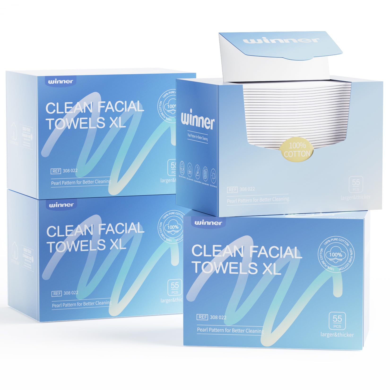 Winner Face Towels: caja del pack para almacenamiento práctico.