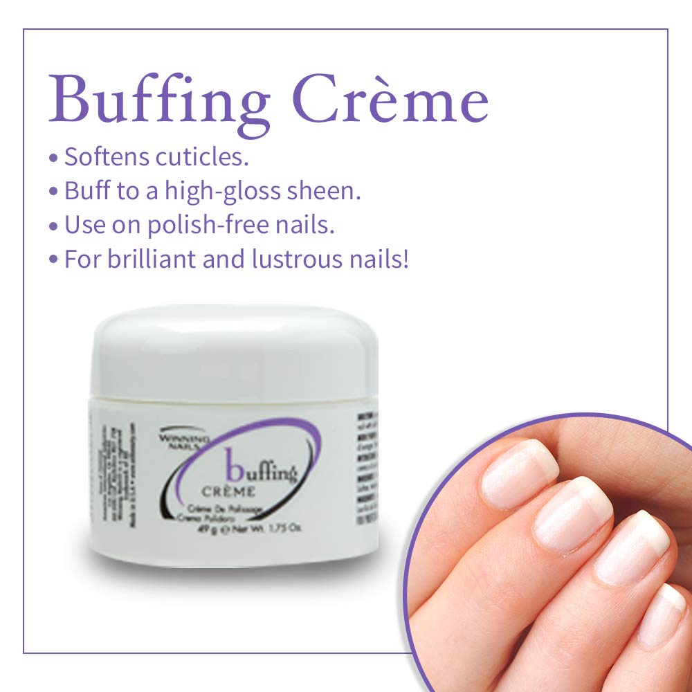 Winning Nails Buffing Cream bottle highlights moisturizing care for cuticles and smoother nail surface.